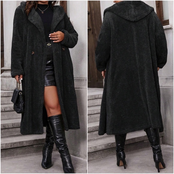 Plus Sherpa Teddy Button Hoodie Long Jacket Coat - Picture 5 of 5